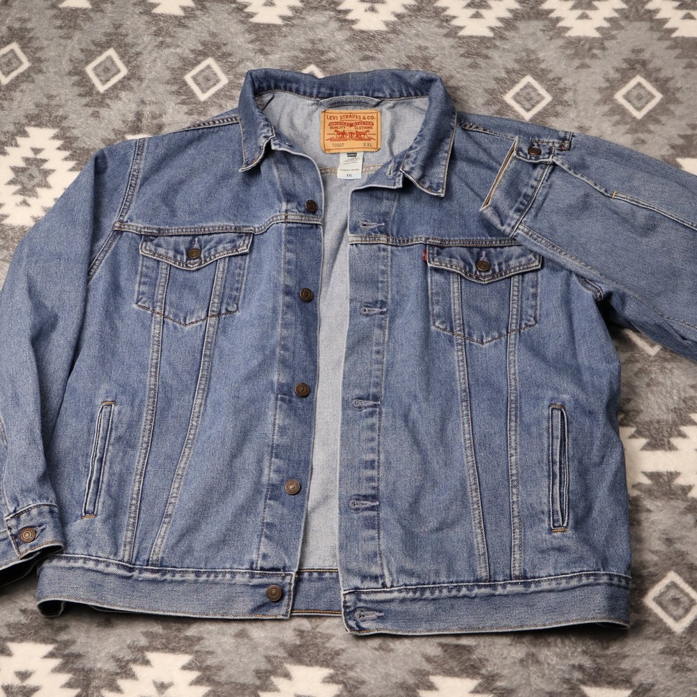 VTG Y2K Levi Strauss Denim Trucker Jacket Mens XXL Blue Medium Wash Batwing Tag